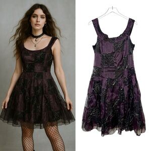 Vintage Nomads Purple Black Check Whimsigoth Women’s Chiffon Witchy Dress Sz L